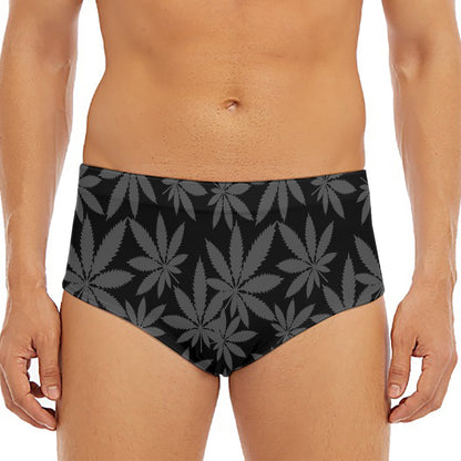 Black And Grey Pot Leaf Pattern Print Men's Triangle Swim Briefs