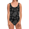 Black And Grey Pot Leaf Pattern Print One Piece Swimsuit