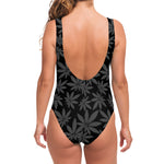 Black And Grey Pot Leaf Pattern Print One Piece Swimsuit