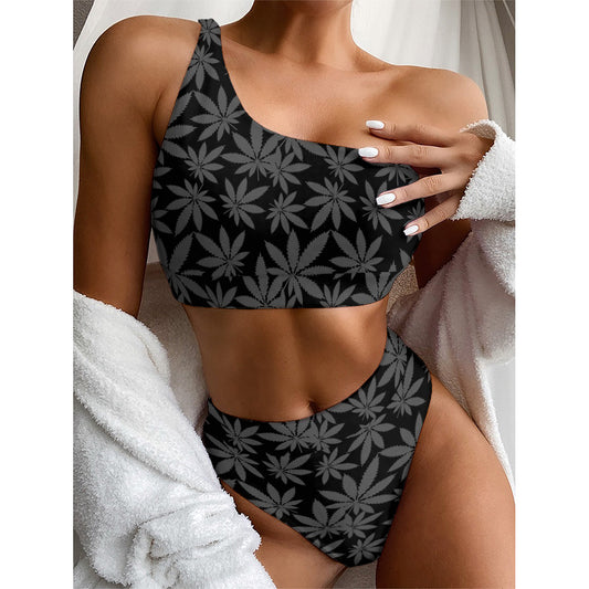 Black And Grey Pot Leaf Pattern Print One Shoulder Bikini Top