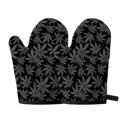 Black And Grey Pot Leaf Pattern Print Oven Mitts