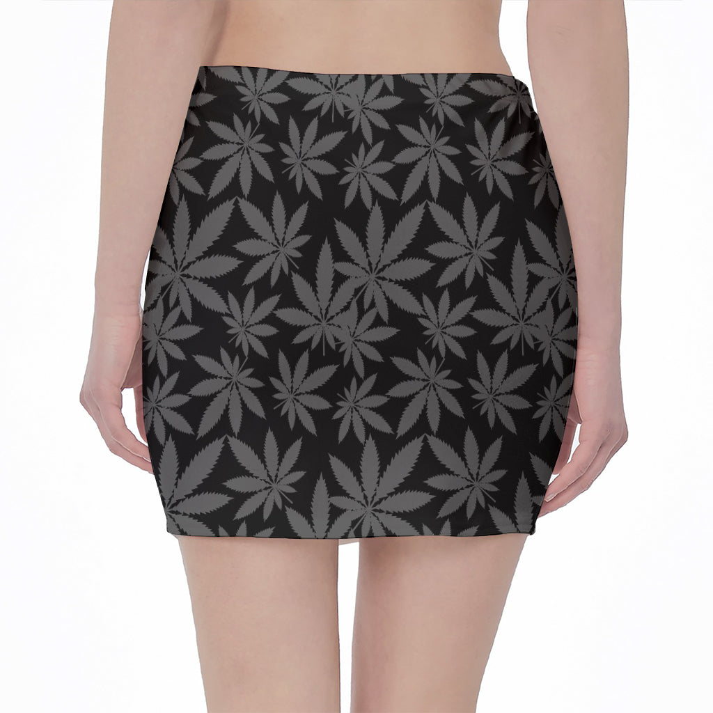 Black And Grey Pot Leaf Pattern Print Pencil Mini Skirt