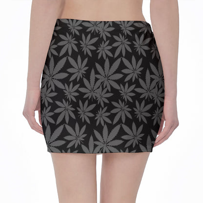 Black And Grey Pot Leaf Pattern Print Pencil Mini Skirt
