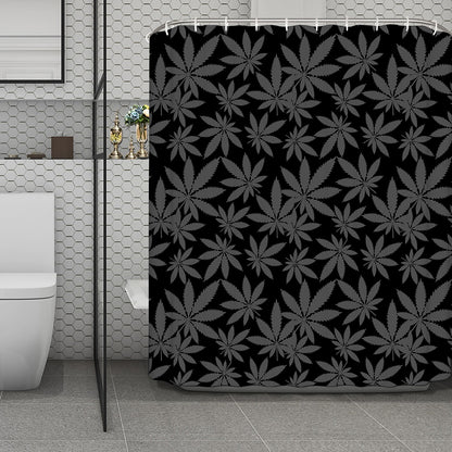 Black And Grey Pot Leaf Pattern Print Polyester Shower Curtain