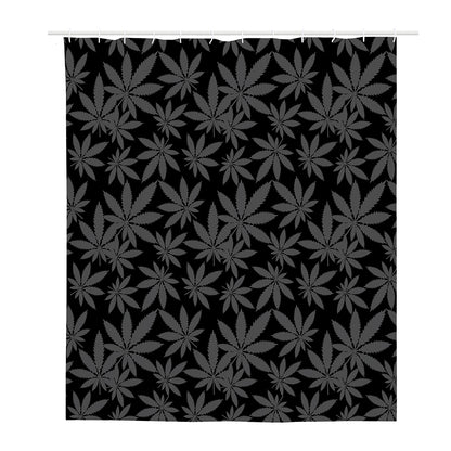 Black And Grey Pot Leaf Pattern Print Polyester Shower Curtain
