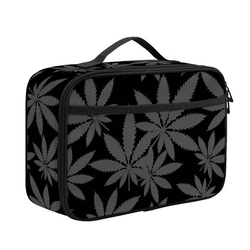 Black And Grey Pot Leaf Pattern Print Portable Lunch Bag