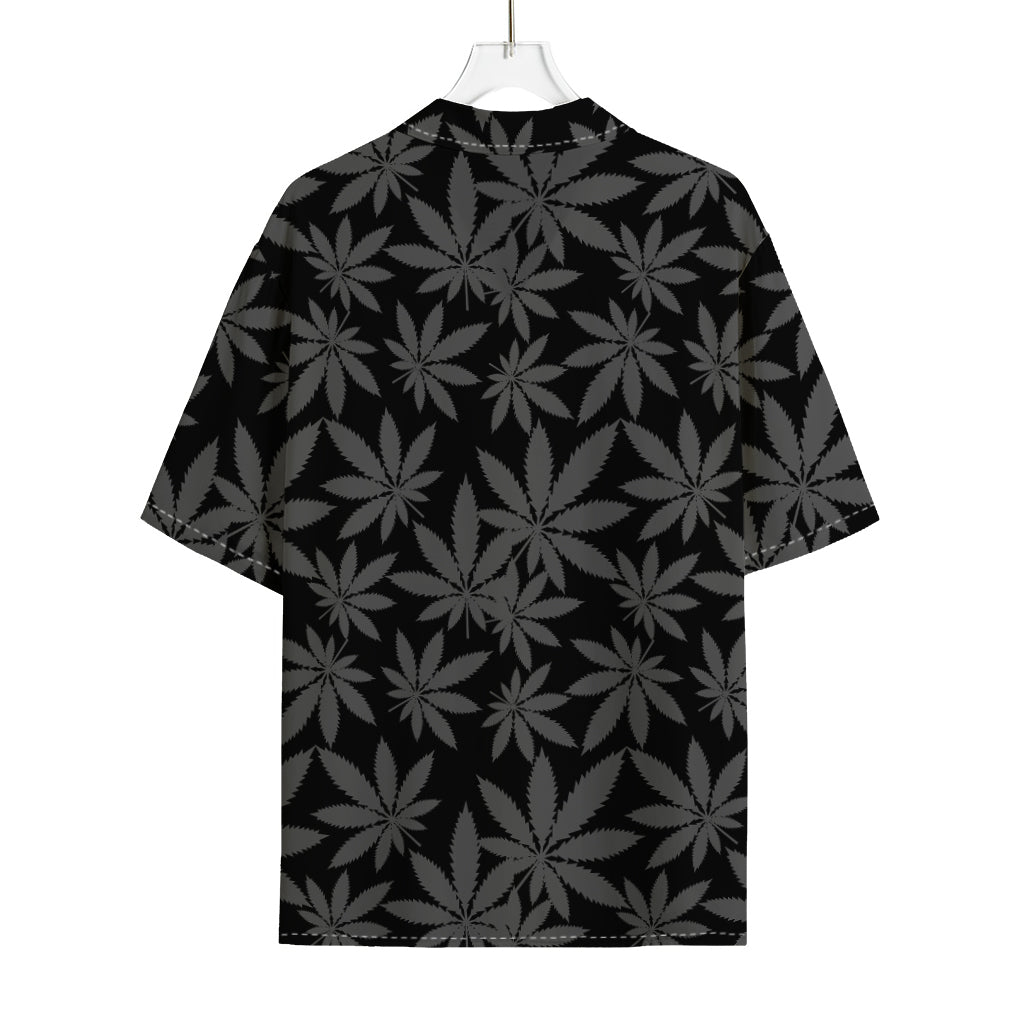Black And Grey Pot Leaf Pattern Print Rayon Hawaiian Shirt