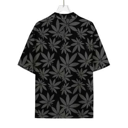 Black And Grey Pot Leaf Pattern Print Rayon Hawaiian Shirt