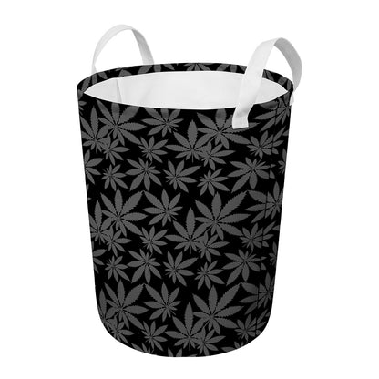 Black And Grey Pot Leaf Pattern Print Round Laundry Basket