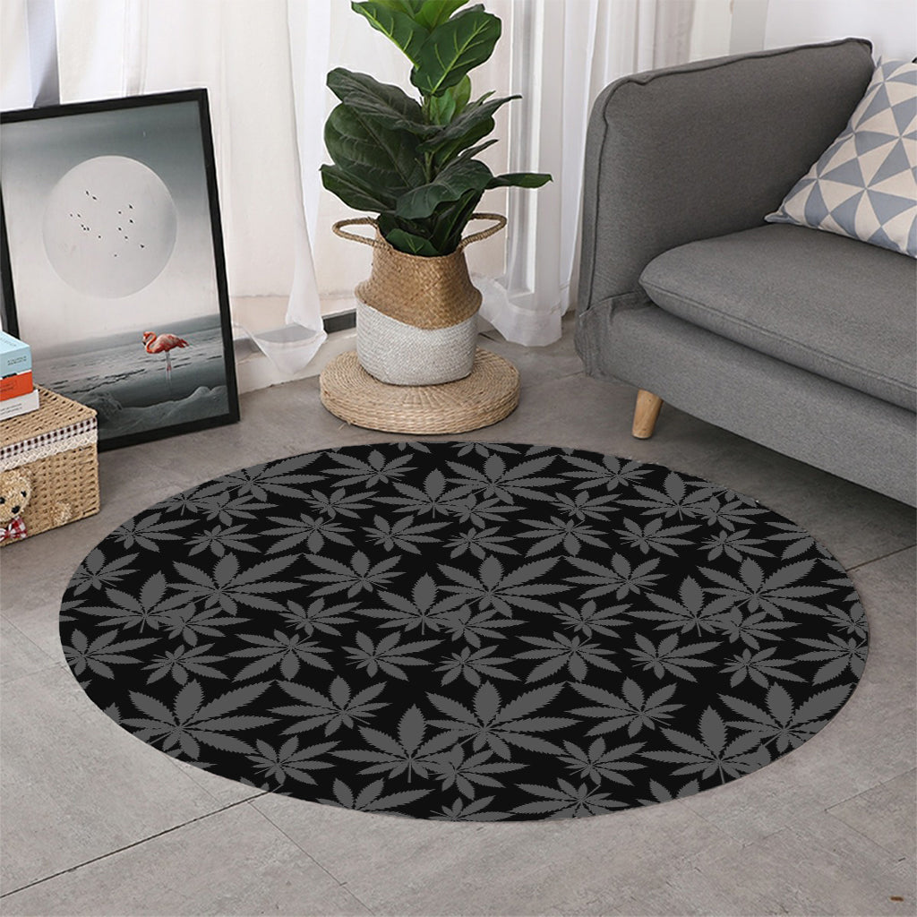 Black And Grey Pot Leaf Pattern Print Round Rug