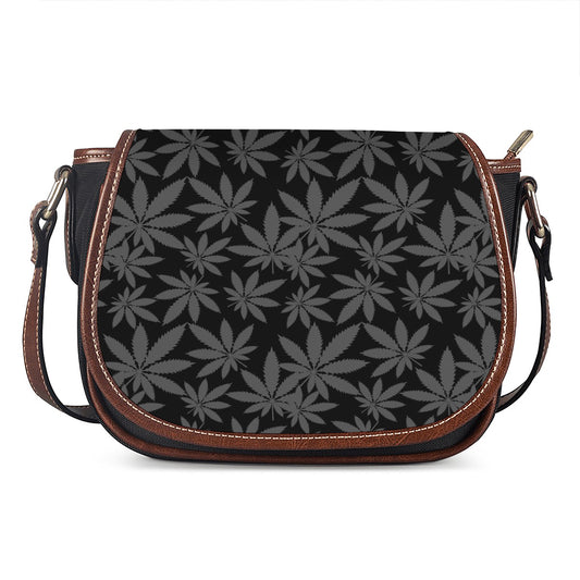 Black And Grey Pot Leaf Pattern Print Saddle Bag