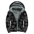 Black And Grey Pot Leaf Pattern Print Sherpa Lined Zip Up Hoodie