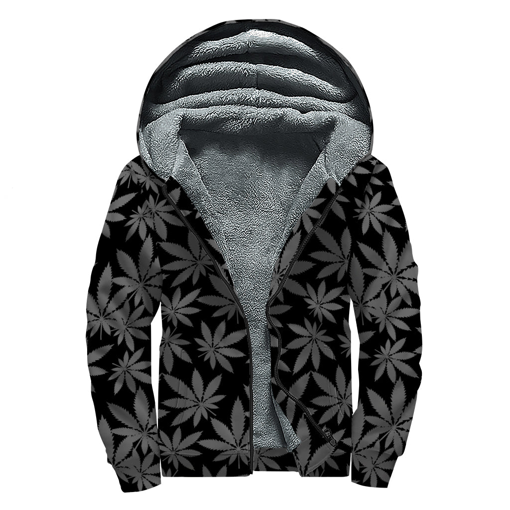 Black And Grey Pot Leaf Pattern Print Sherpa Lined Zip Up Hoodie