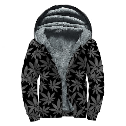 Black And Grey Pot Leaf Pattern Print Sherpa Lined Zip Up Hoodie