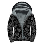 Black And Grey Pot Leaf Pattern Print Sherpa Lined Zip Up Hoodie