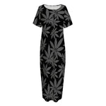 Black And Grey Pot Leaf Pattern Print Short Sleeve Long Nightdress