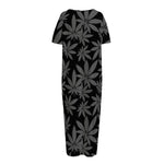 Black And Grey Pot Leaf Pattern Print Short Sleeve Long Nightdress