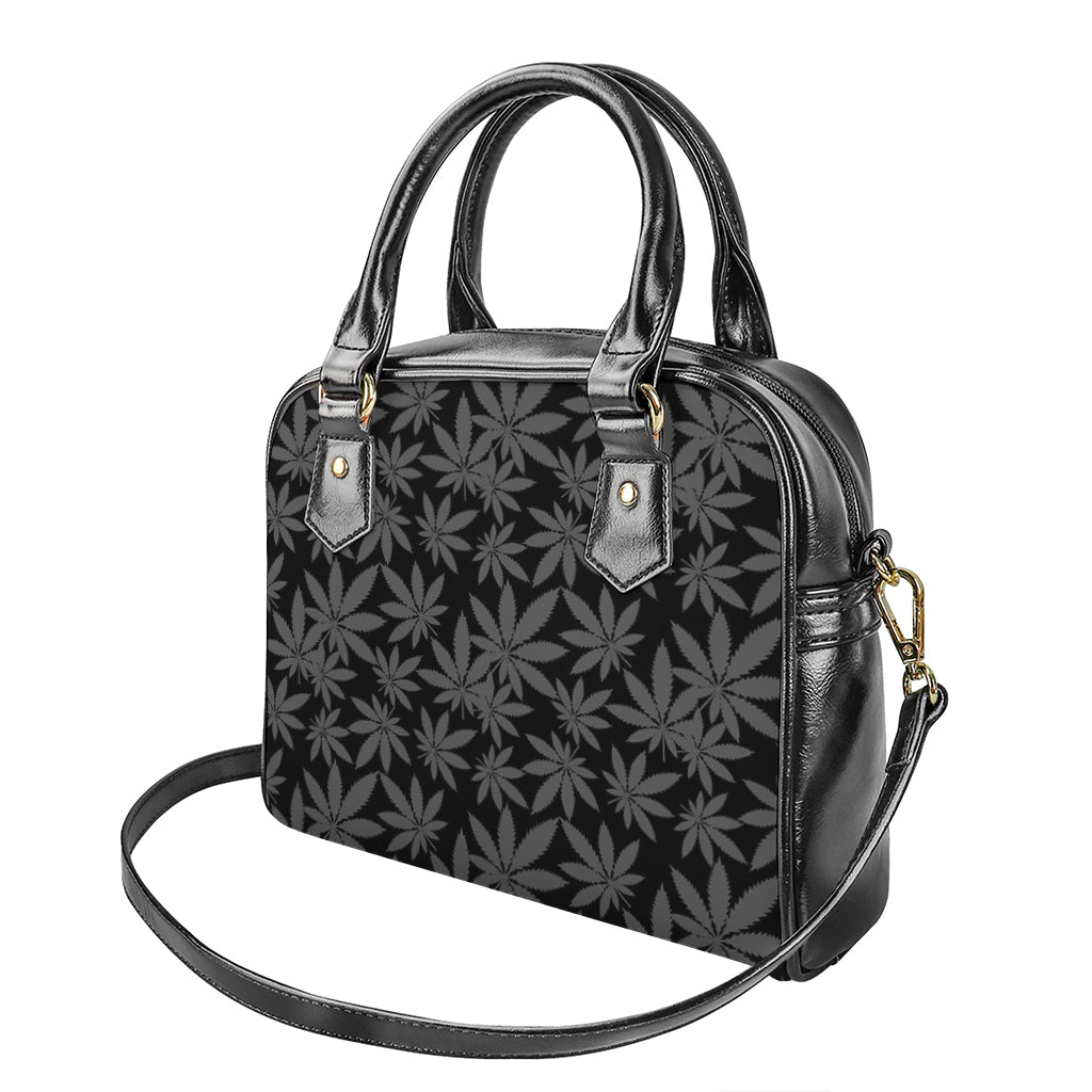 Black And Grey Pot Leaf Pattern Print Shoulder Handbag