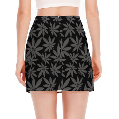 Black And Grey Pot Leaf Pattern Print Side Slit Mini Skirt