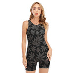 Black And Grey Pot Leaf Pattern Print Sleeveless One Piece Swimsuit