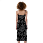 Black And Grey Pot Leaf Pattern Print Slim Fit Midi Cami Dress