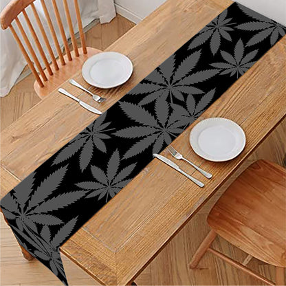 Black And Grey Pot Leaf Pattern Print Table Runner