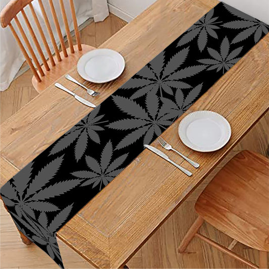 Black And Grey Pot Leaf Pattern Print Table Runner