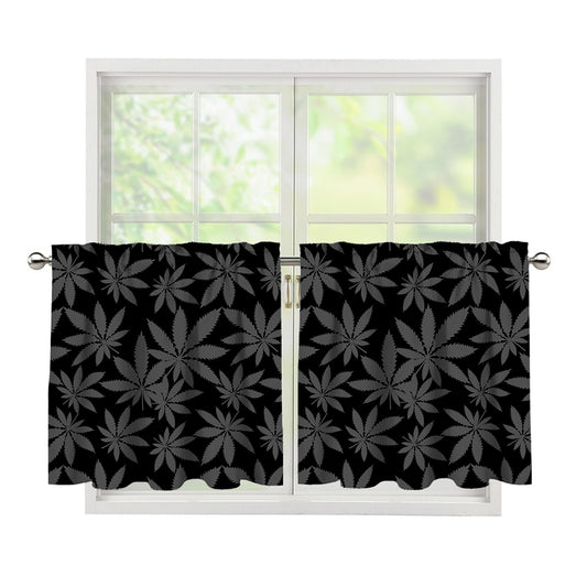 Black And Grey Pot Leaf Pattern Print Tier Curtains