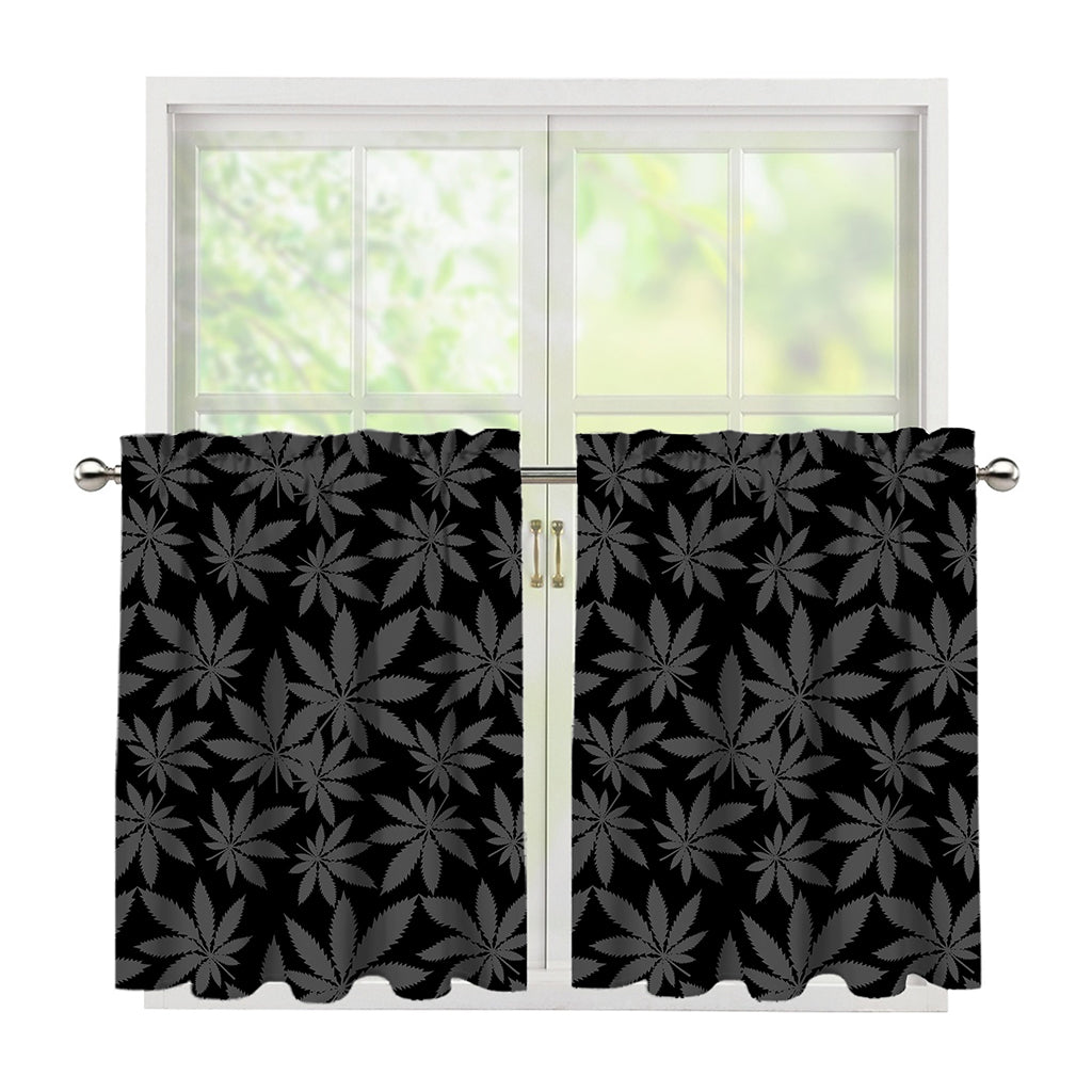 Black And Grey Pot Leaf Pattern Print Tier Curtains