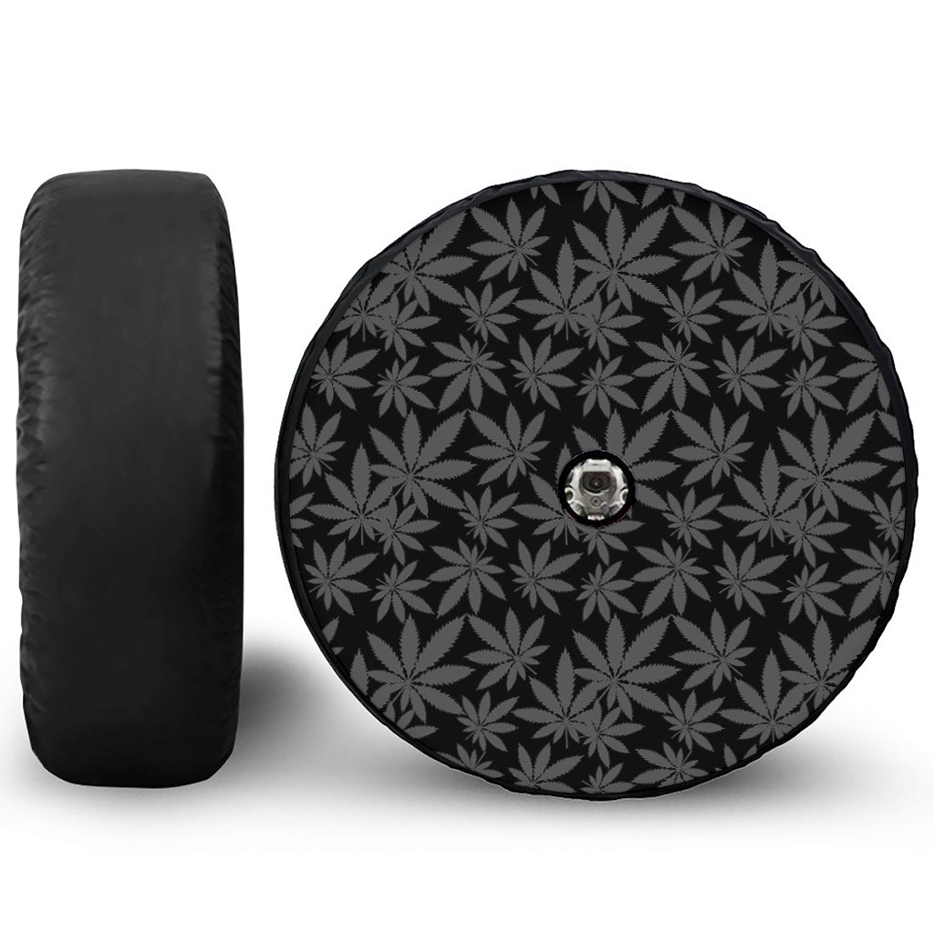 Black And Grey Pot Leaf Pattern Print Tire Cover With Camera Hole