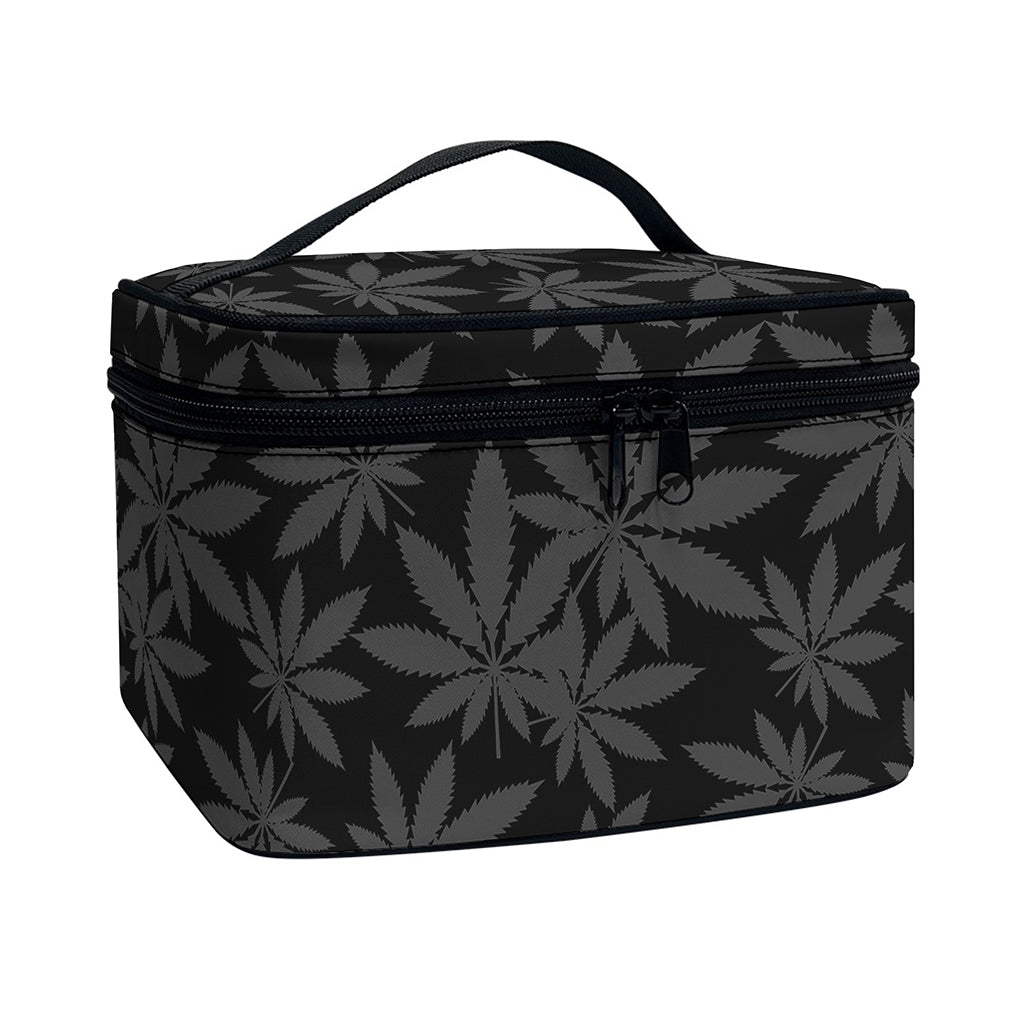 Black And Grey Pot Leaf Pattern Print Travel Makeup Bag