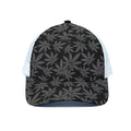 Black And Grey Pot Leaf Pattern Print White Mesh Trucker Hat
