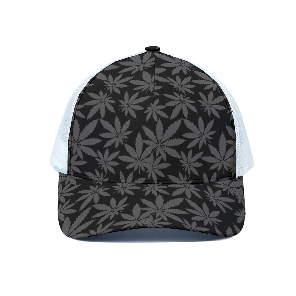 Black And Grey Pot Leaf Pattern Print White Mesh Trucker Cap