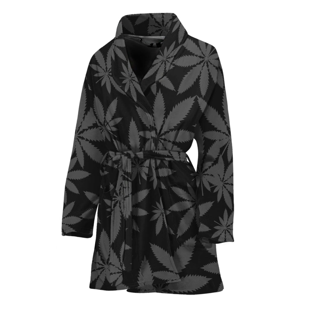 Black And Grey Pot Leaf Pattern Print Women's Bathrobe