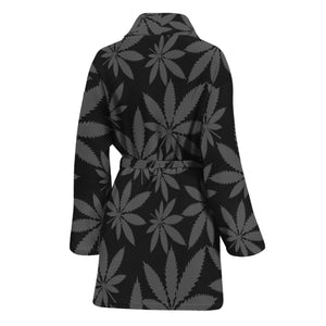 Black And Grey Pot Leaf Pattern Print Women's Bathrobe