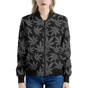 Black And Grey Pot Leaf Pattern Print Women's Bomber Jacket