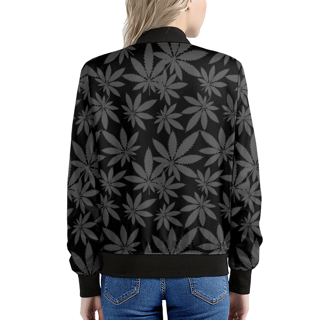 Black And Grey Pot Leaf Pattern Print Women's Bomber Jacket