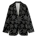 Black And Grey Pot Leaf Pattern Print Women's Cotton Blazer