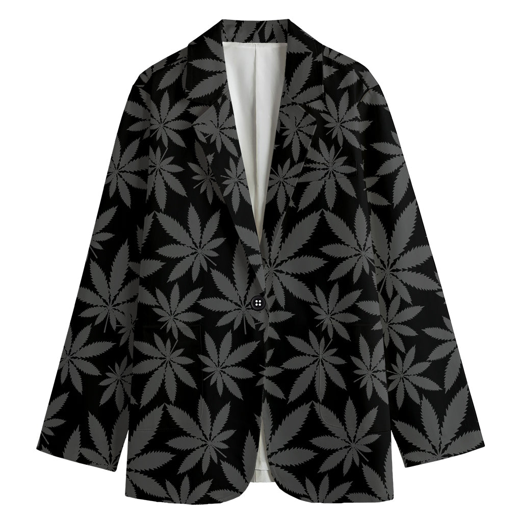 Black And Grey Pot Leaf Pattern Print Women's Cotton Blazer