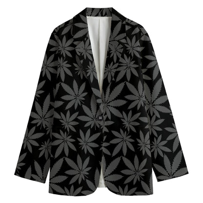 Black And Grey Pot Leaf Pattern Print Women's Cotton Blazer