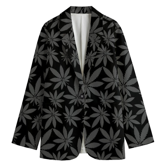 Black And Grey Pot Leaf Pattern Print Women's Cotton Blazer