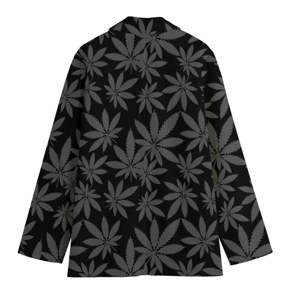 Black And Grey Pot Leaf Pattern Print Women's Cotton Blazer