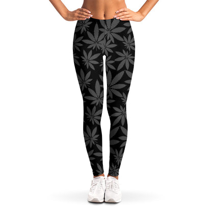 Black And Grey Pot Leaf Pattern Print Women's Leggings