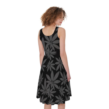Black And Grey Pot Leaf Pattern Print Women's Sleeveless Dress