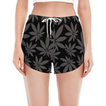 Black And Grey Pot Leaf Pattern Print Women's Split Running Shorts