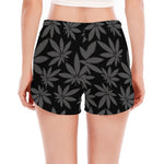 Black And Grey Pot Leaf Pattern Print Women's Split Running Shorts