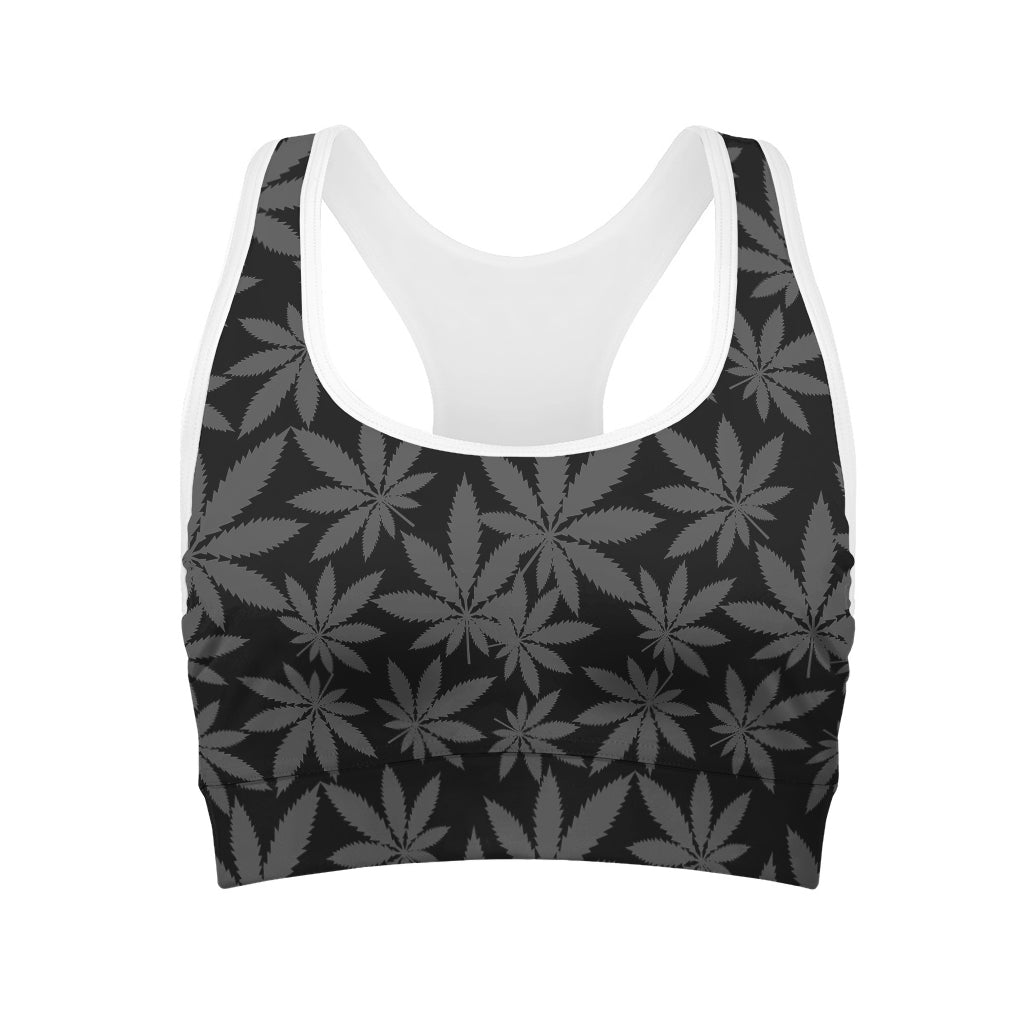 Black And Grey Pot Leaf Pattern Print Women's Sports Bra