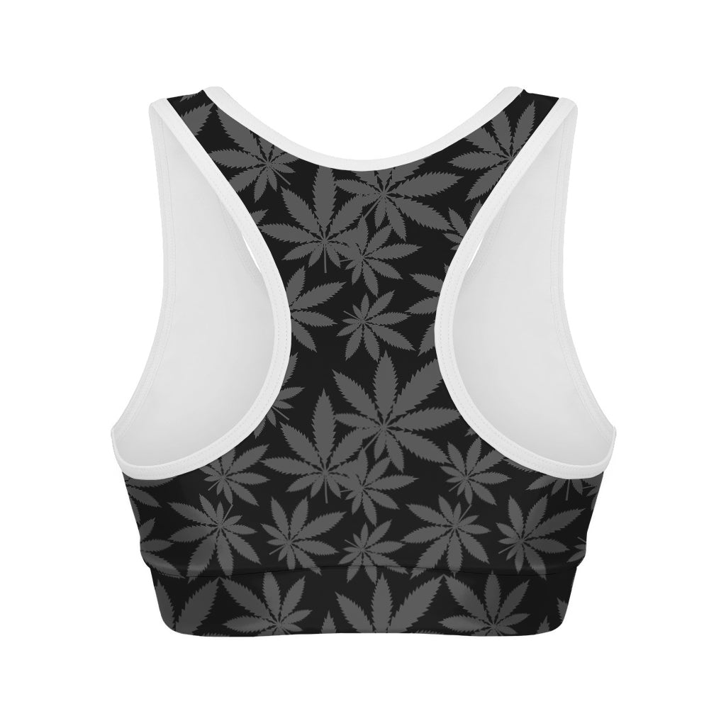 Black And Grey Pot Leaf Pattern Print Women's Sports Bra