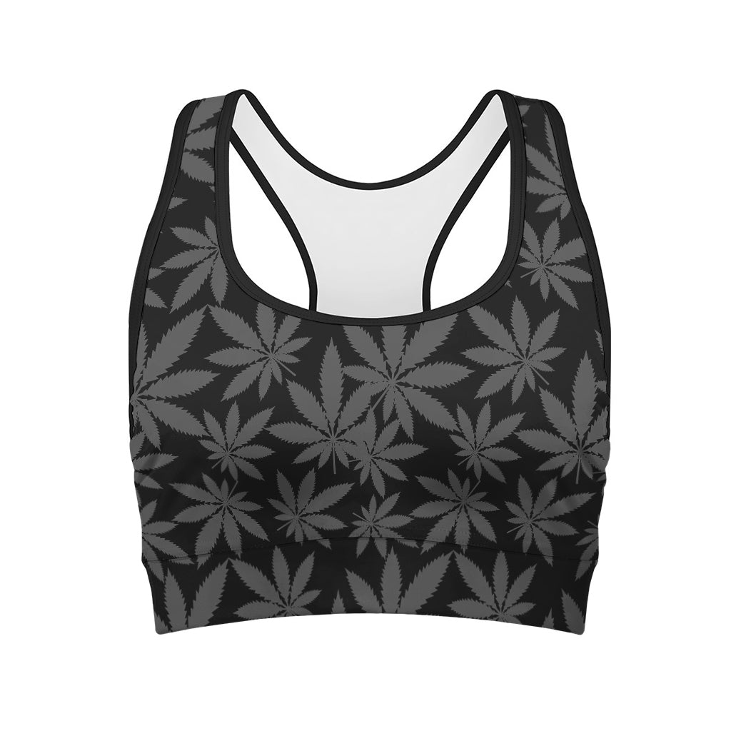 Black And Grey Pot Leaf Pattern Print Women's Sports Bra