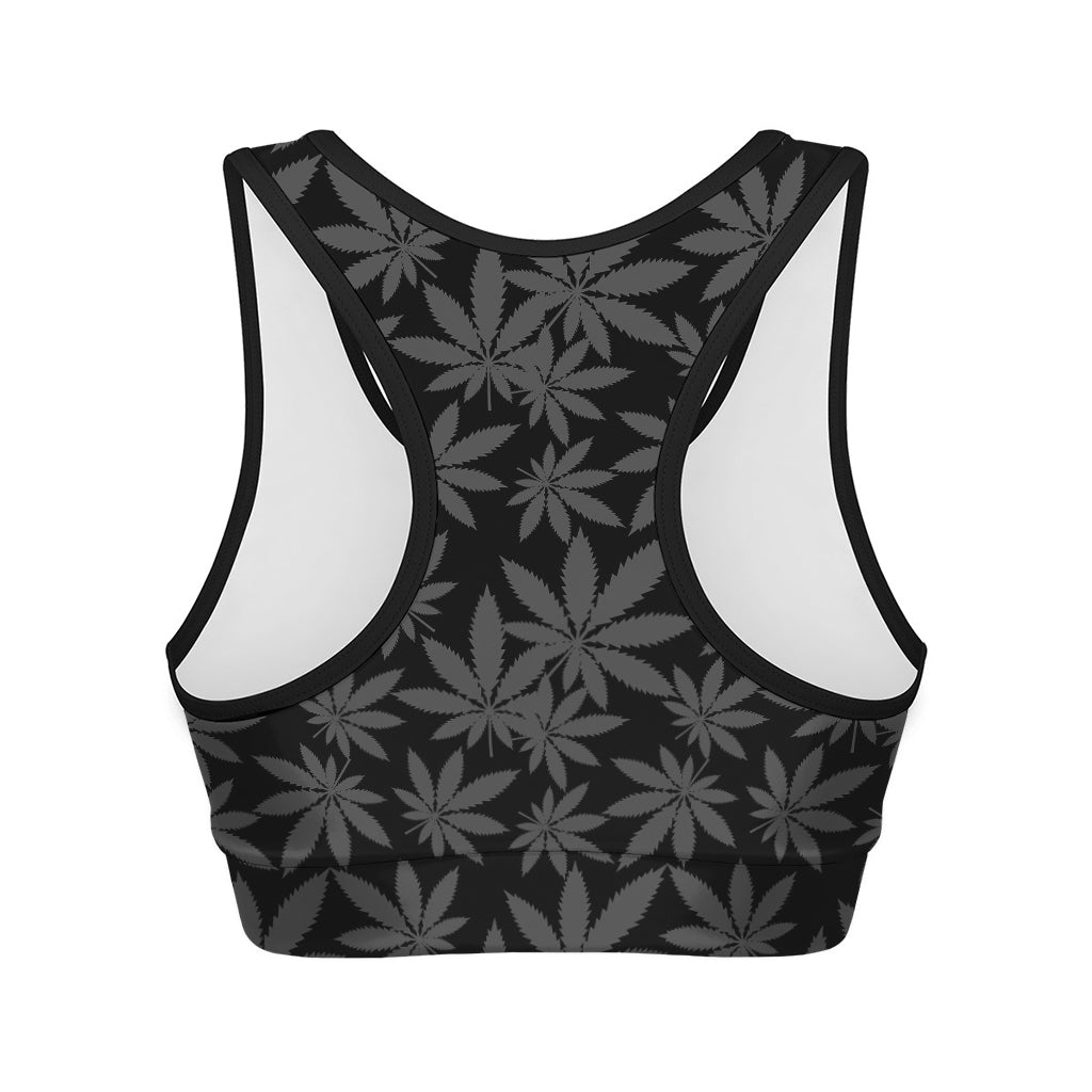Black And Grey Pot Leaf Pattern Print Women's Sports Bra